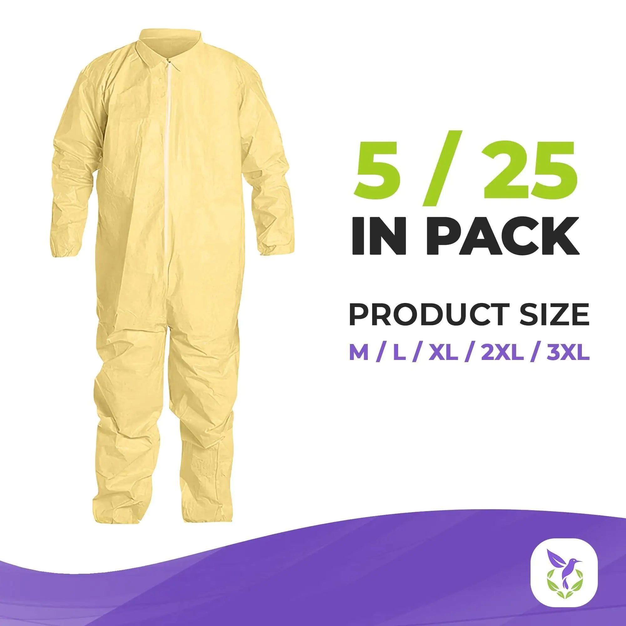 Medical Disposable Coveralls for Adults X Large Size 5 Pack Yellow Hazmat Suit