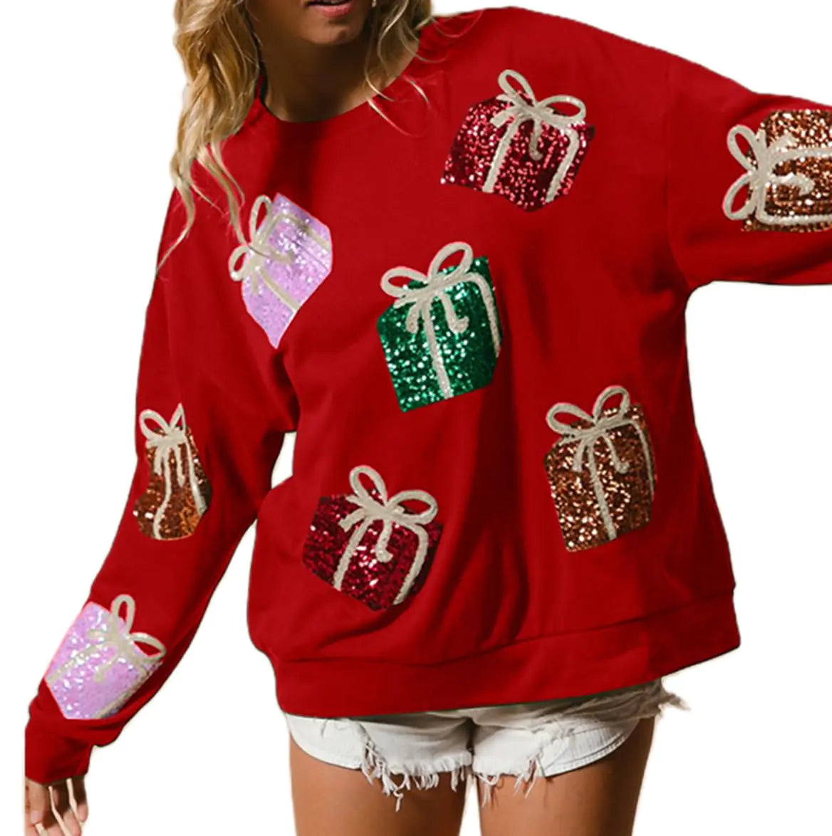 UAURORAO Women Glitter Christmas Sweatshirts Oversized Cute Sequin Graphic Shirts Long Sleeve Sparkly Xmas Pullover RedMedium