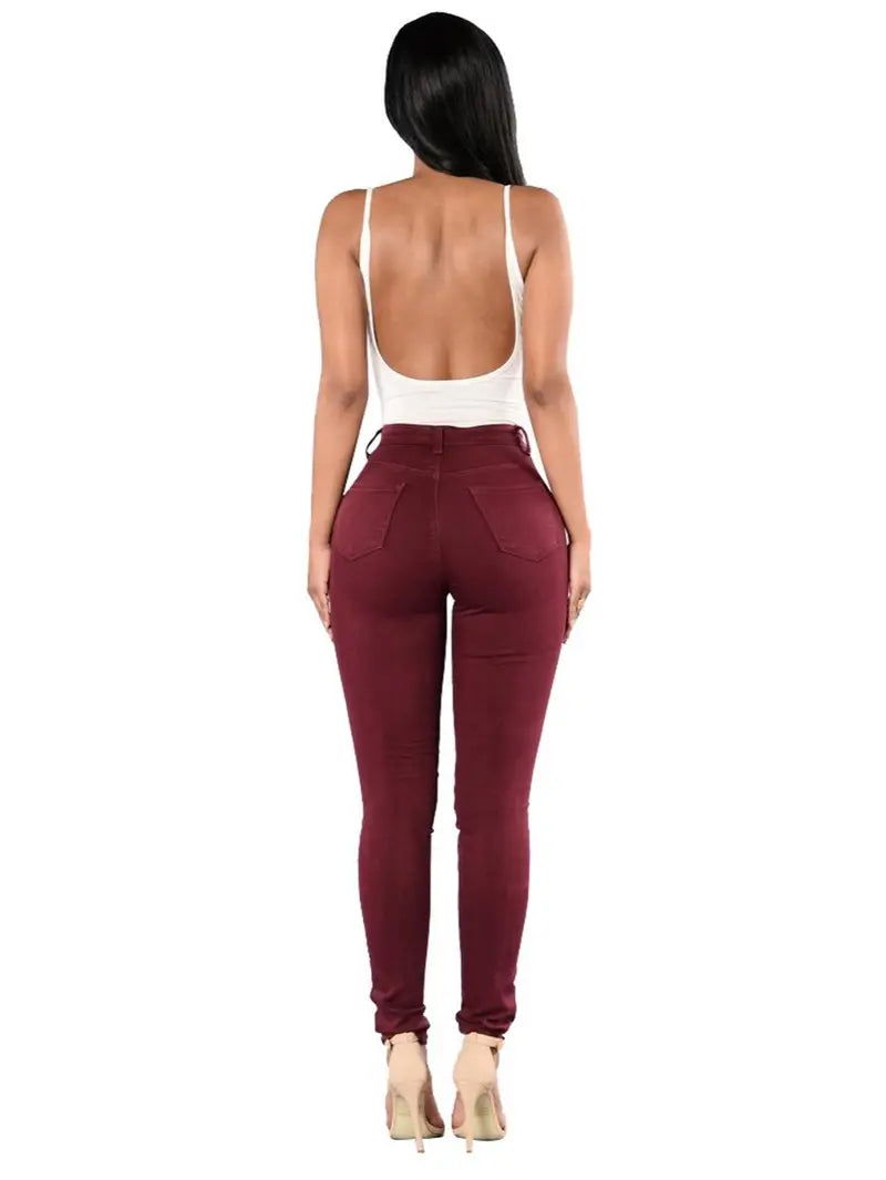 High-Rise Distressed Skinny Jeans in Burgundy & Olive