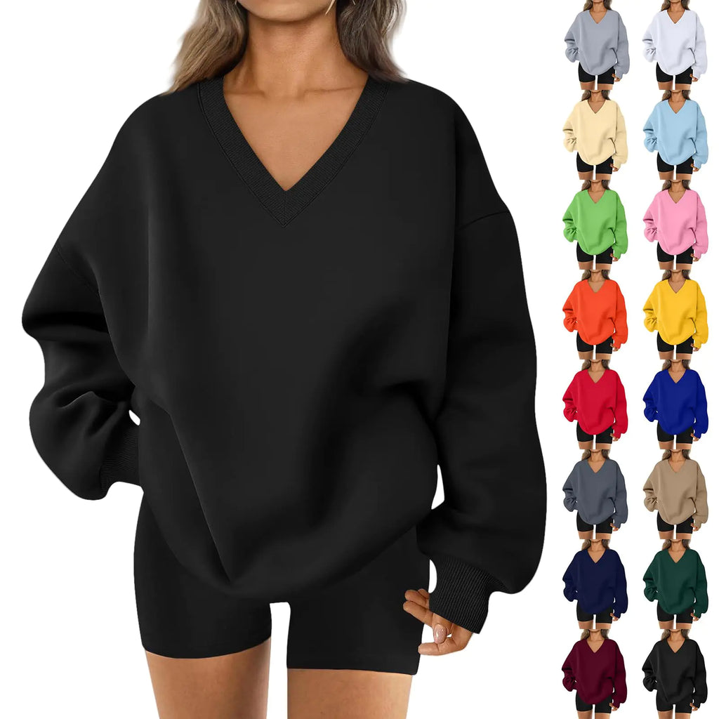 Oversized V Neck Sweatshirt Women Plain Plus Size Tunic Sweatshirts No Hood Casual Fall Gym Workout V Neck Fleece Pullover Sweaters Cute Teen Sweat Shirts Long Sleeve Y2K Tops Basics Womens Clothing