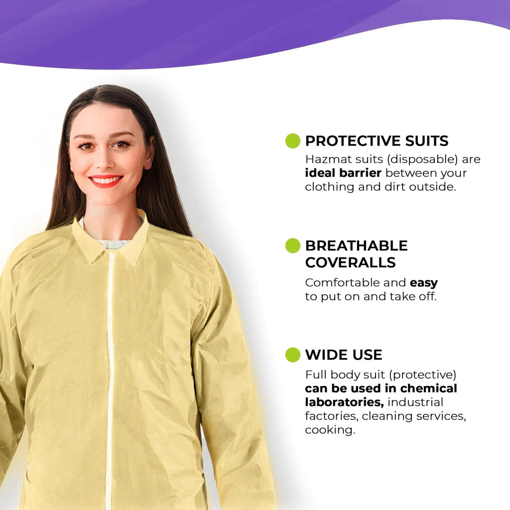 Medical Disposable Coveralls for Adults X Large Size 5 Pack Yellow Hazmat Suit