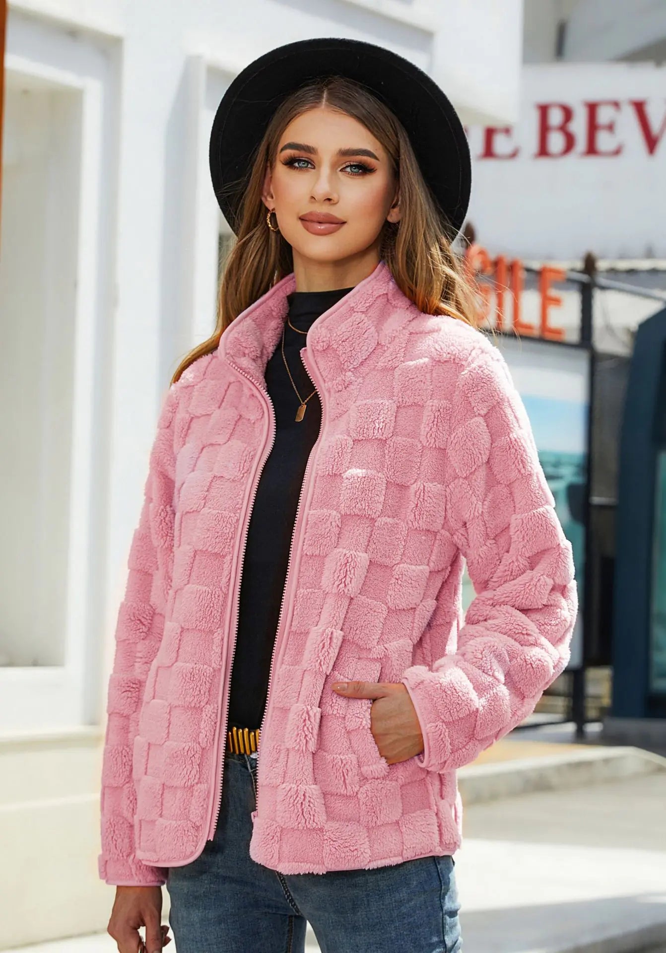Autumn Winter Women's Loose Plaid Fleece Jacket