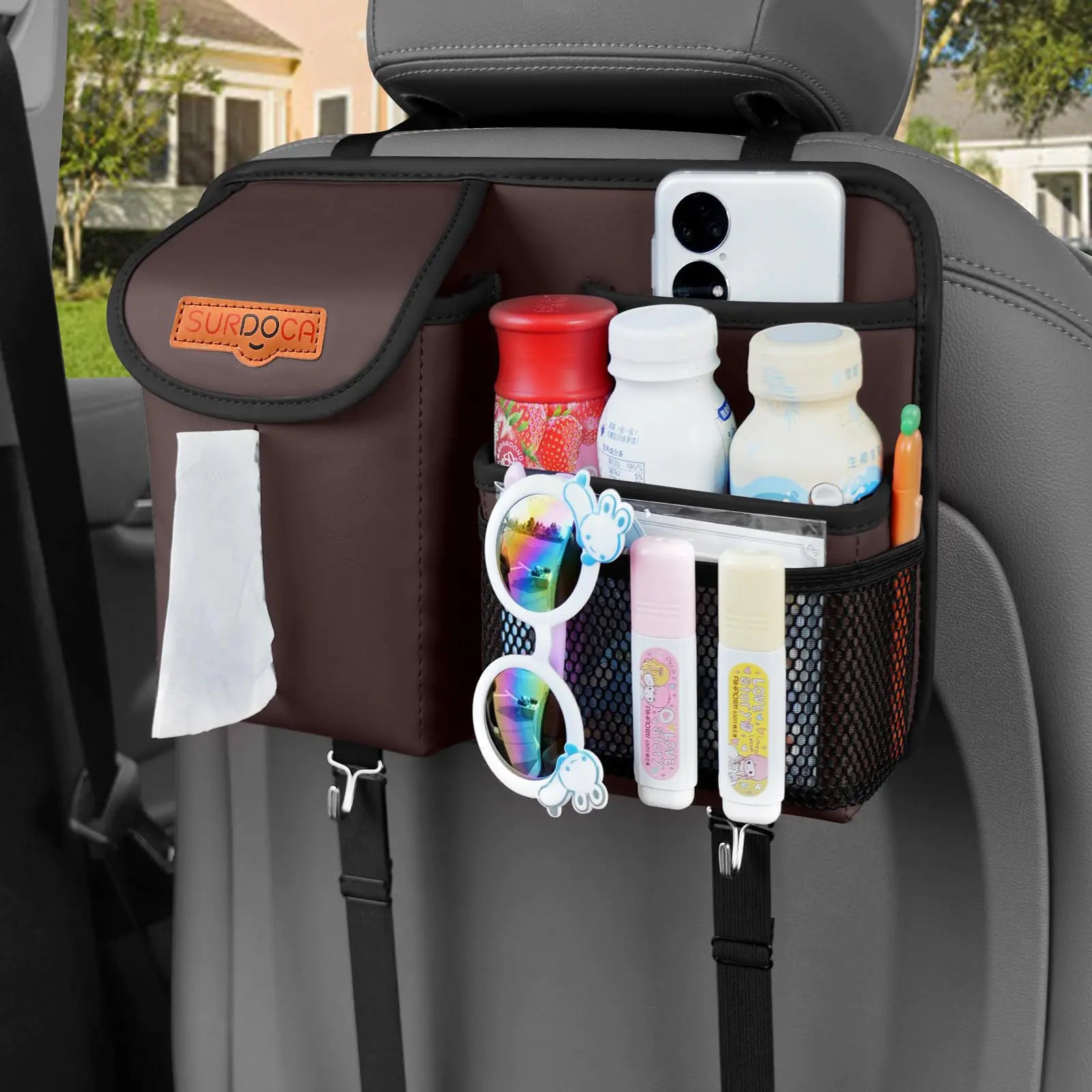 SURDOCA Front Backseat Car Organizer - Premium Leather Car Organizers and Storage with Tissue Holder & 2 Purse Hooks - Universal Car Seat Organizer with Cup Holde